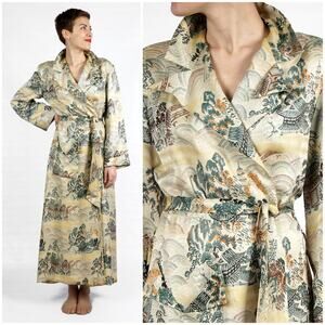 Vintage 1960s Colorful Asian Silk Brocade Garden Scene Robe with Sash | S/M